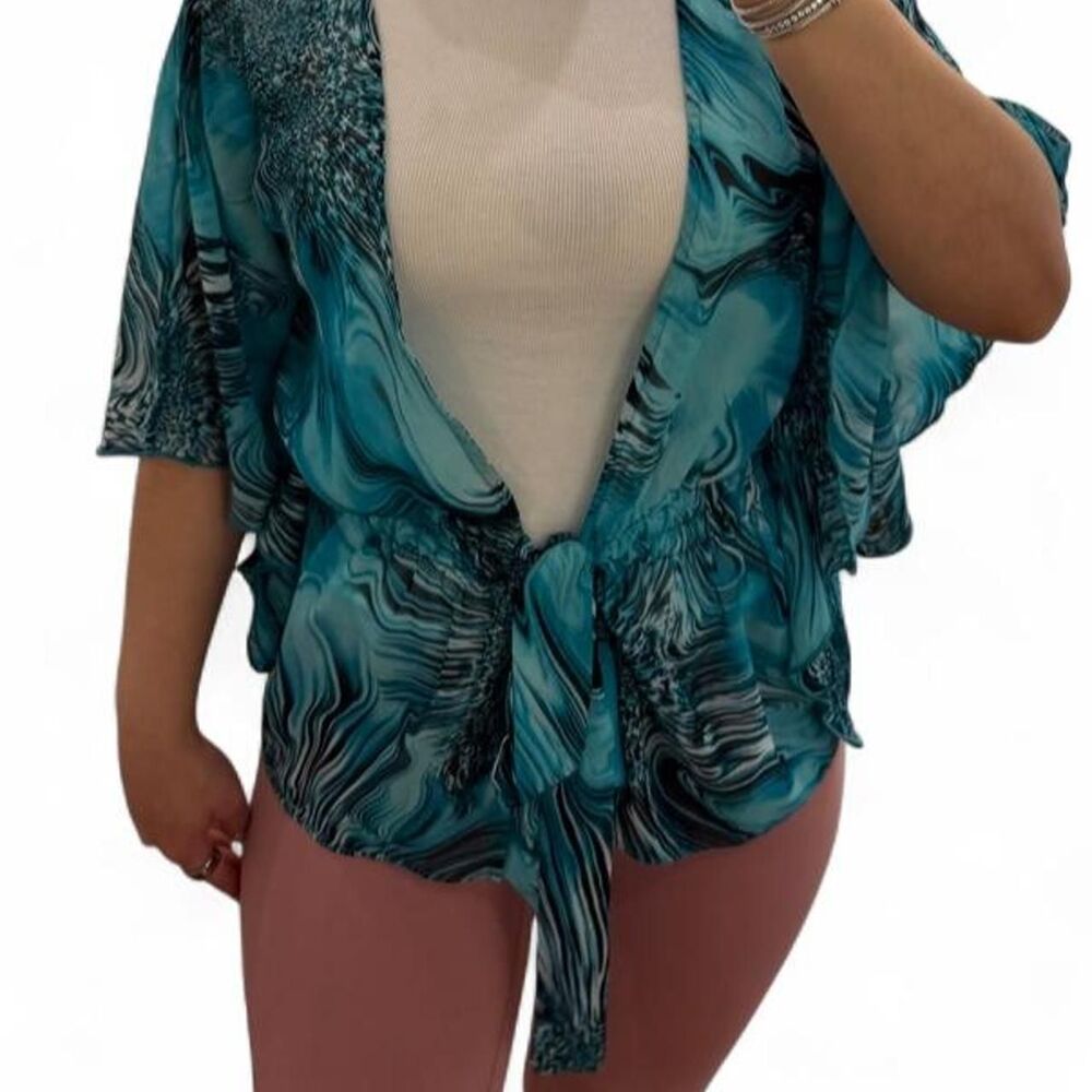 sere nade new york y2k sheer turquoise tie front kimono top
